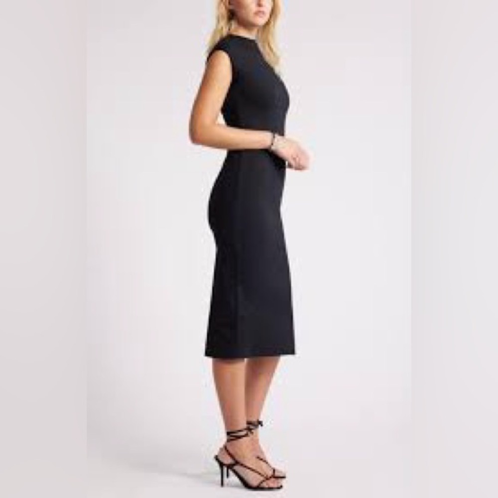 NWT OPEN EDIT Smooth Edit Funnel Neck Midi Dress Color Black Size Large